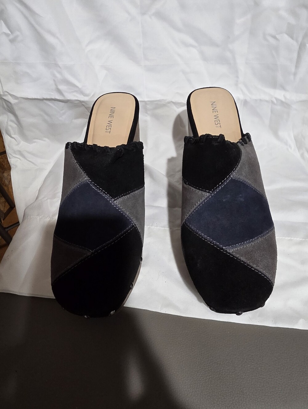 Nine West Black, Gray & Navy Suede Patchwork Slip-On Mules